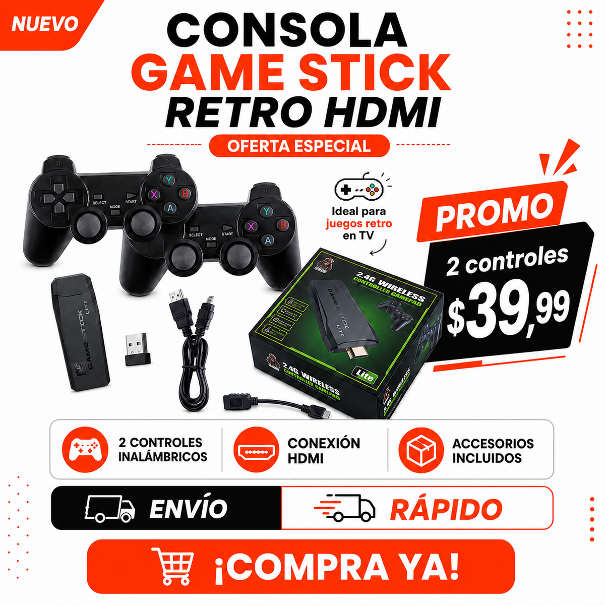 Consola Game Stick Retro HDMI con 2 Controles Inalámbricos 2.4G
