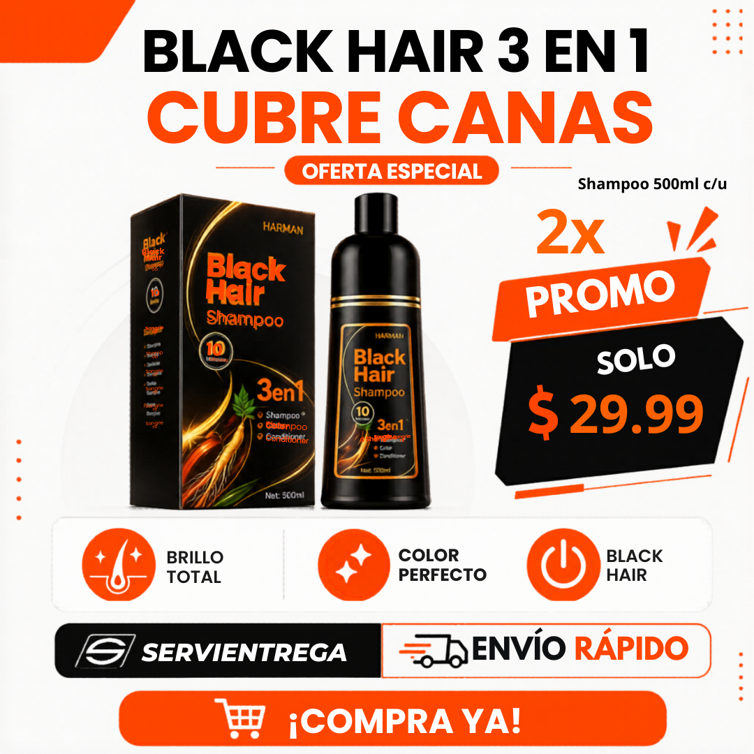 Shampoo Cubre Canas Black Hair 3 en 1 | Tinte Negro para Cabello con Brillo y Color Natural