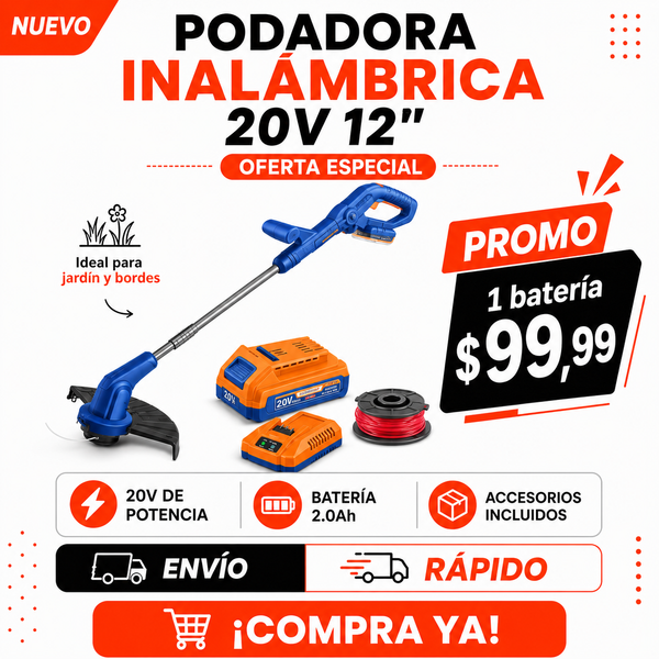 Cortadora de Césped Inalámbrica 20V con Batería Recargable | Podadora Eléctrica Portátil para Jardín